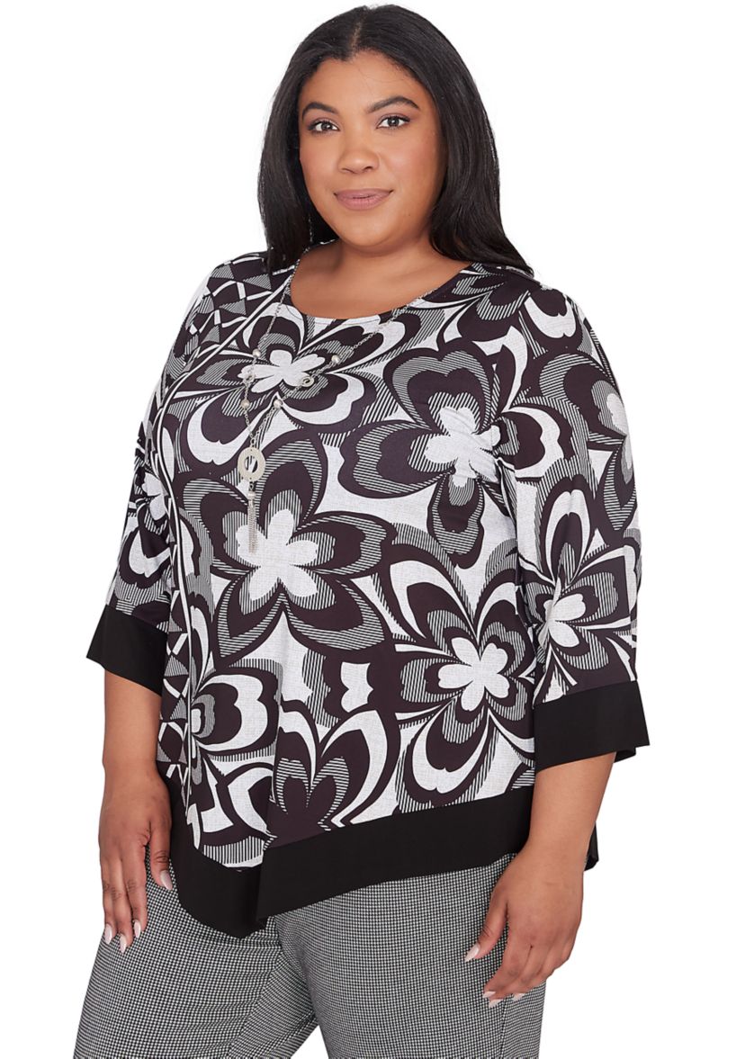 Plus Size Runway Ready Floral Geometric Top with Contrast Trim