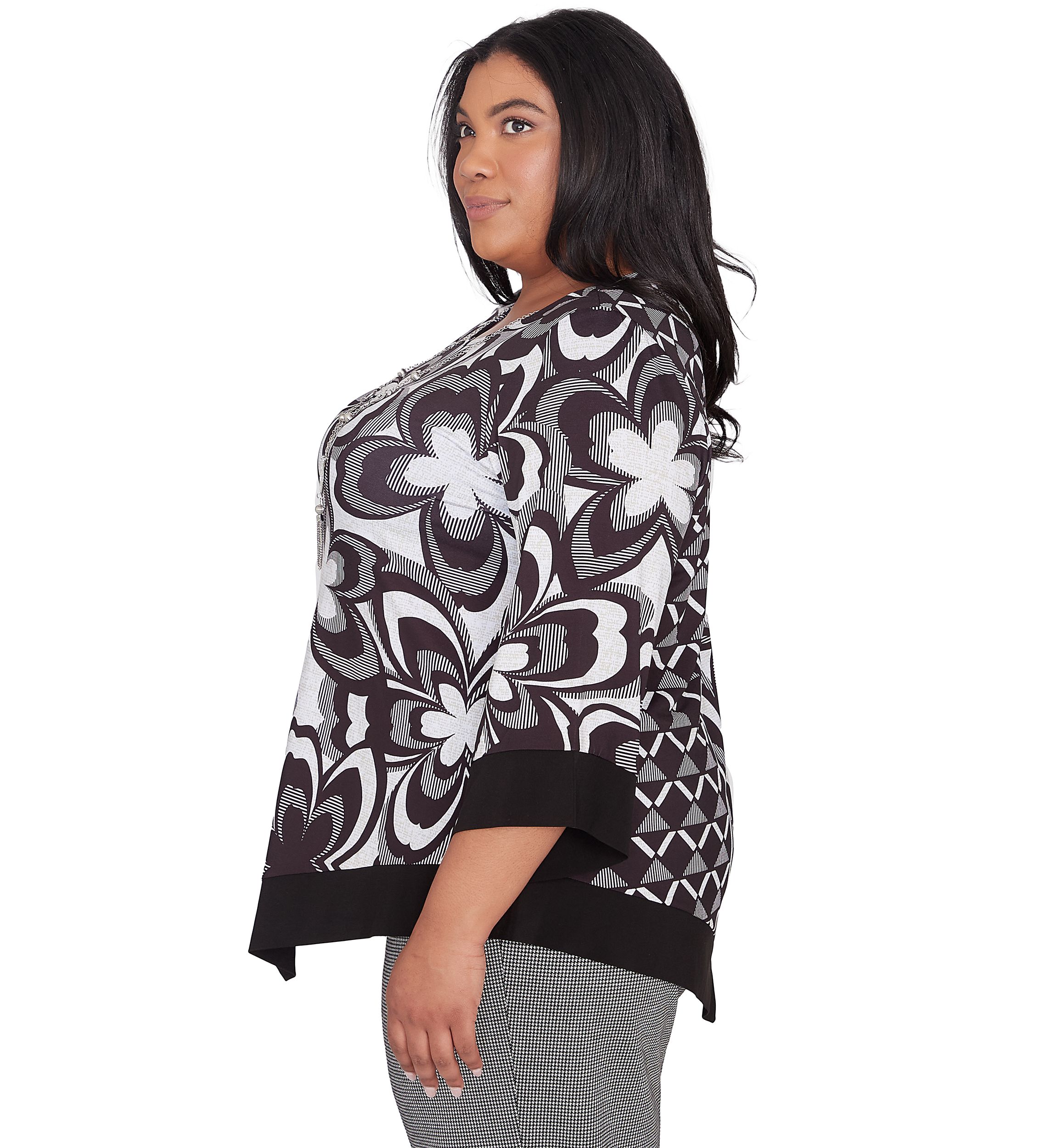Plus Size Runway Ready Floral Geometric Top with Contrast Trim