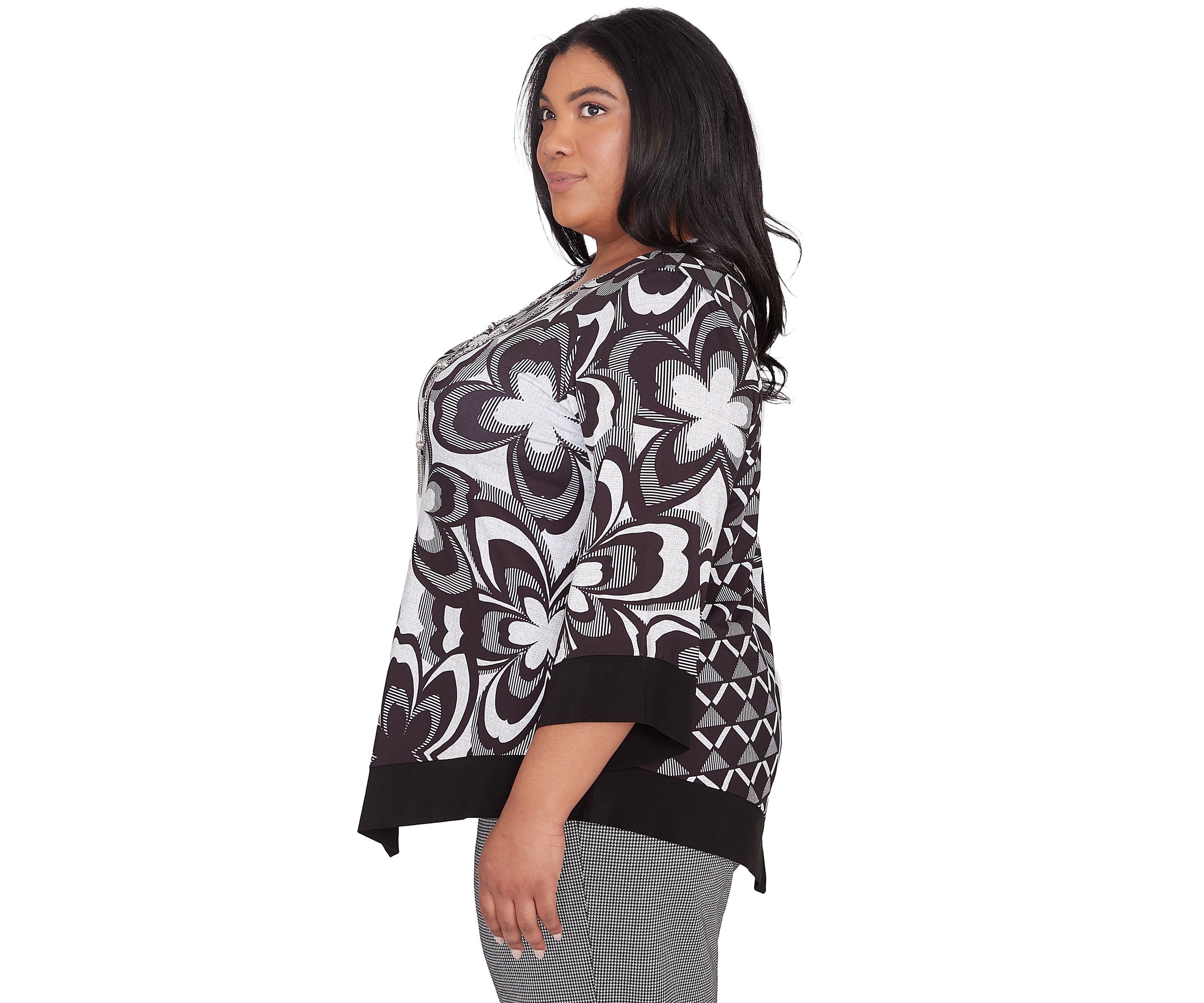 Plus Size Runway Ready Floral Geometric Top with Contrast Trim