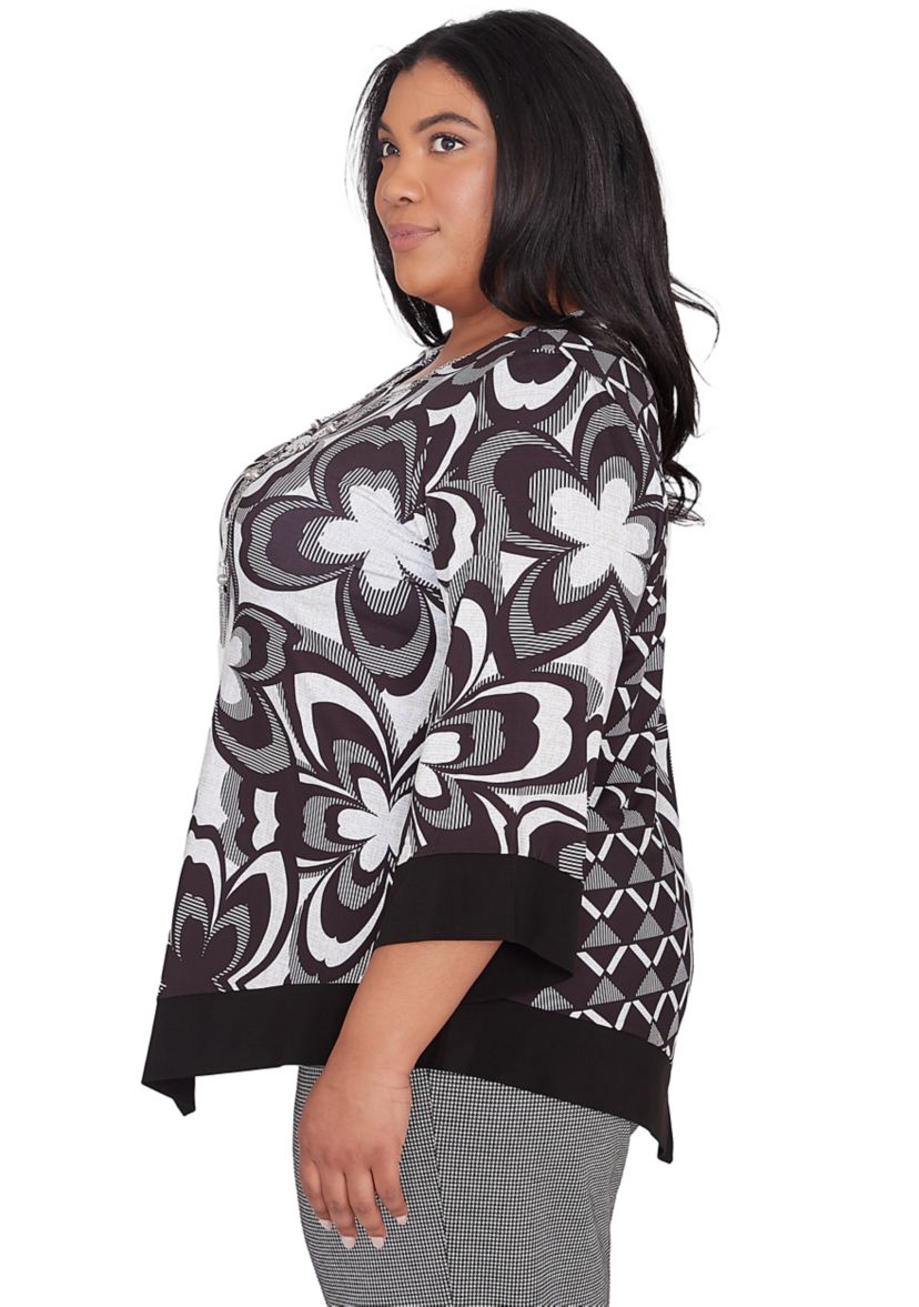 Plus Size Runway Ready Floral Geometric Top with Contrast Trim