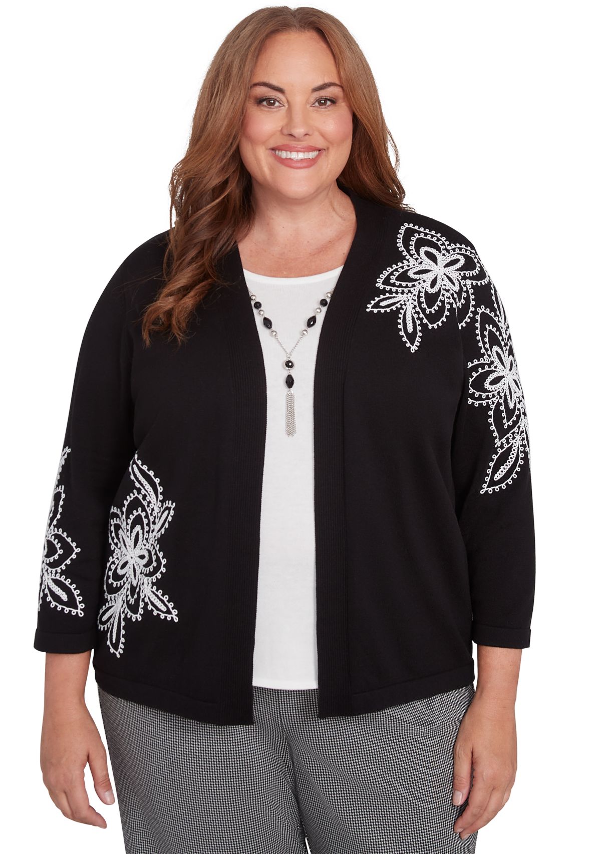 Plus Size Runway Ready Embroidered Outer Two In One Cardigan and Tank 