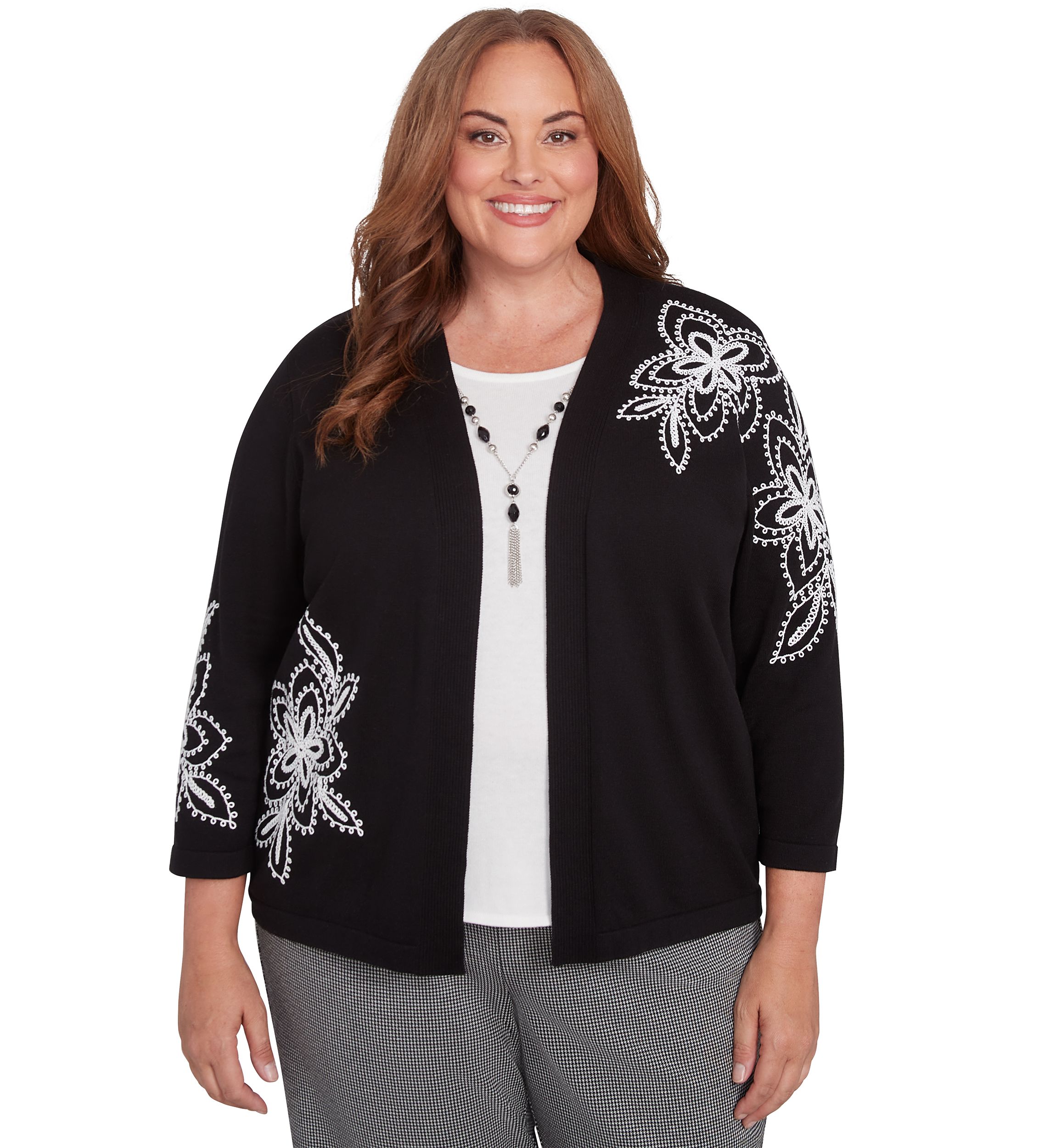Plus Size Runway Ready Embroidered Outer Two In One Cardigan and Tank 