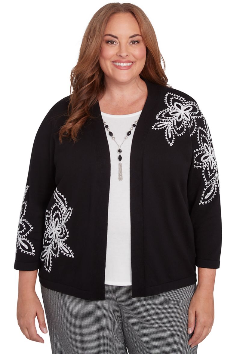 Plus Size Runway Ready Embroidered Outer Two In One Cardigan and Tank 