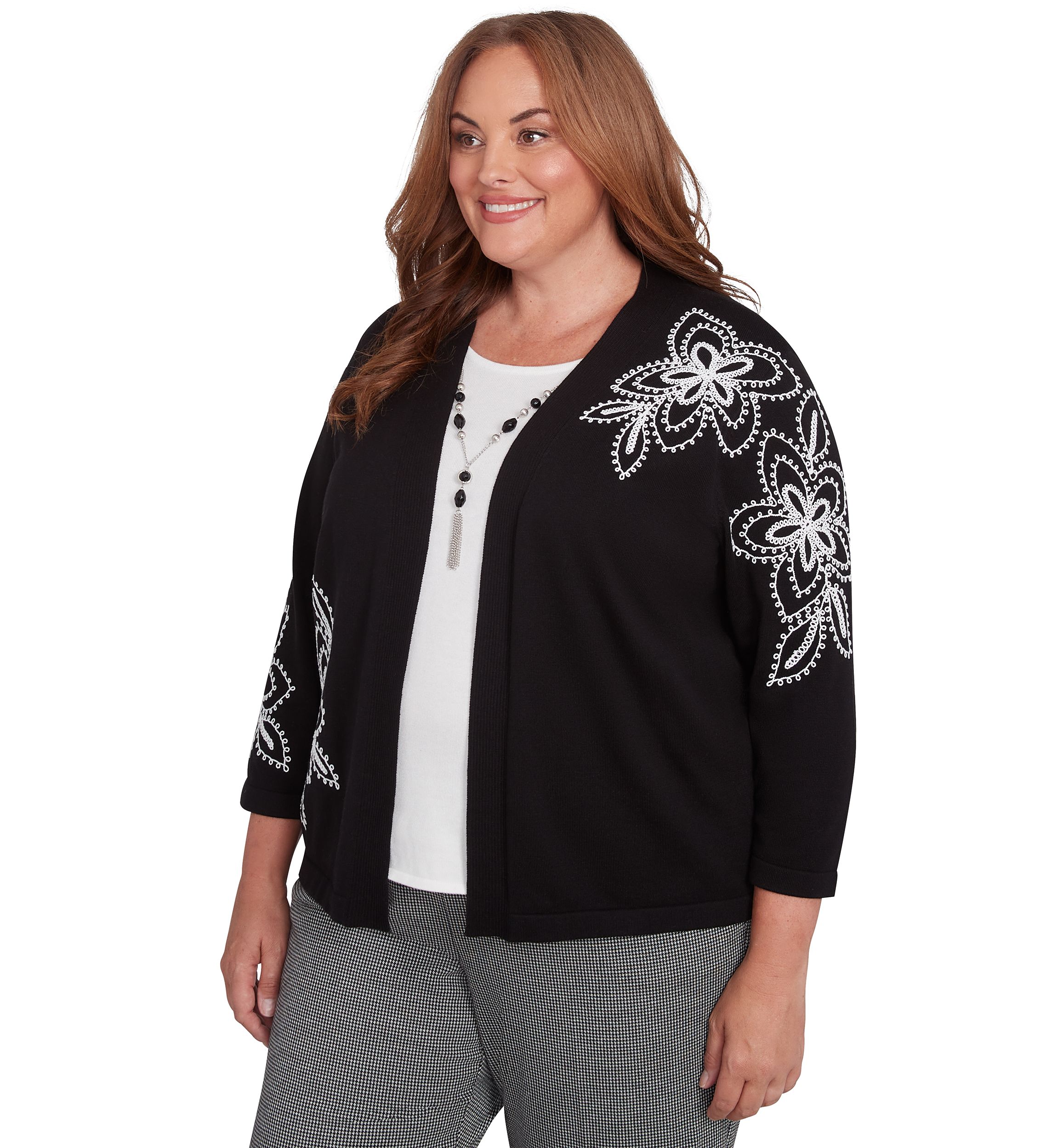 Plus Size Runway Ready Embroidered Outer Two In One Cardigan and Tank 