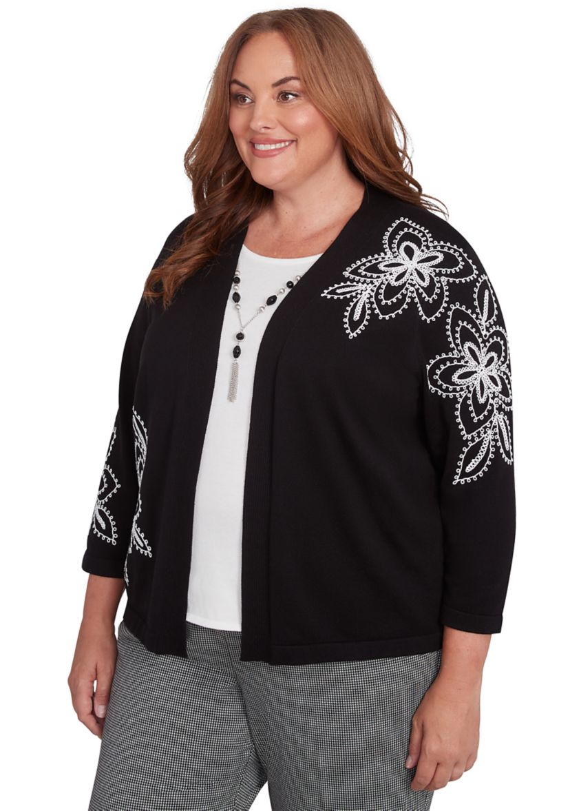 Plus Size Runway Ready Embroidered Outer Two In One Cardigan and Tank 