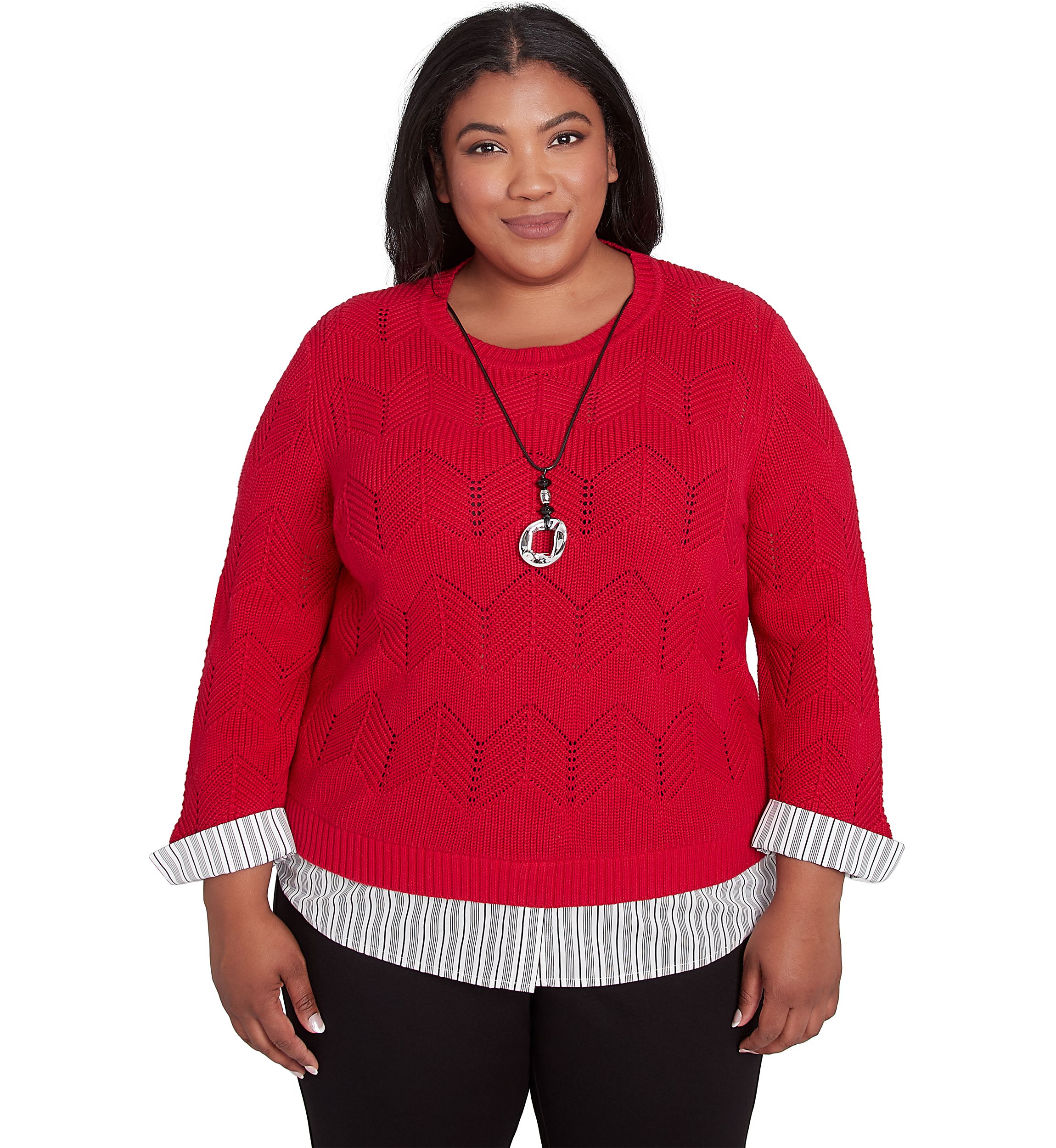 Plus Size Runway Ready Pointelle Chevron Top with Stripe Woven Detail
