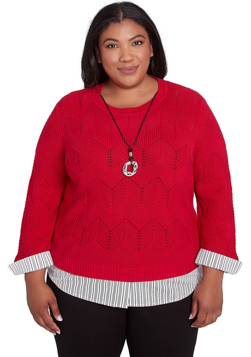Plus Size Runway Ready Pointelle Chevron Top with Stripe Woven Detail