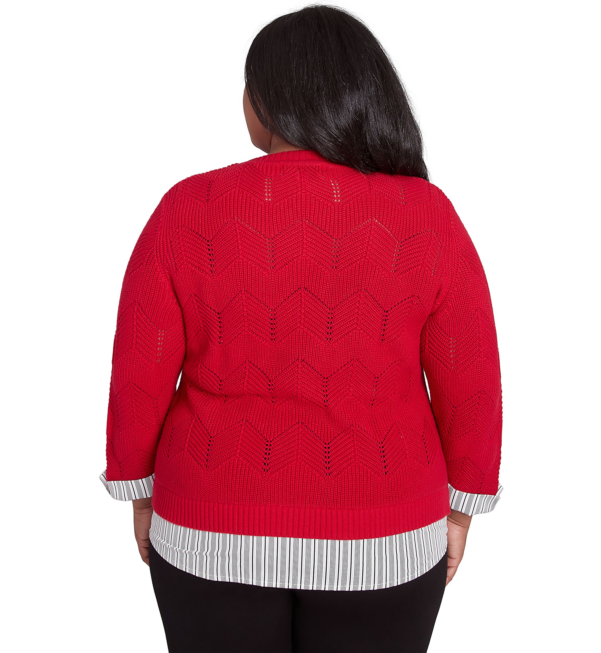 Plus Size Runway Ready Pointelle Chevron Top with Stripe Woven Detail