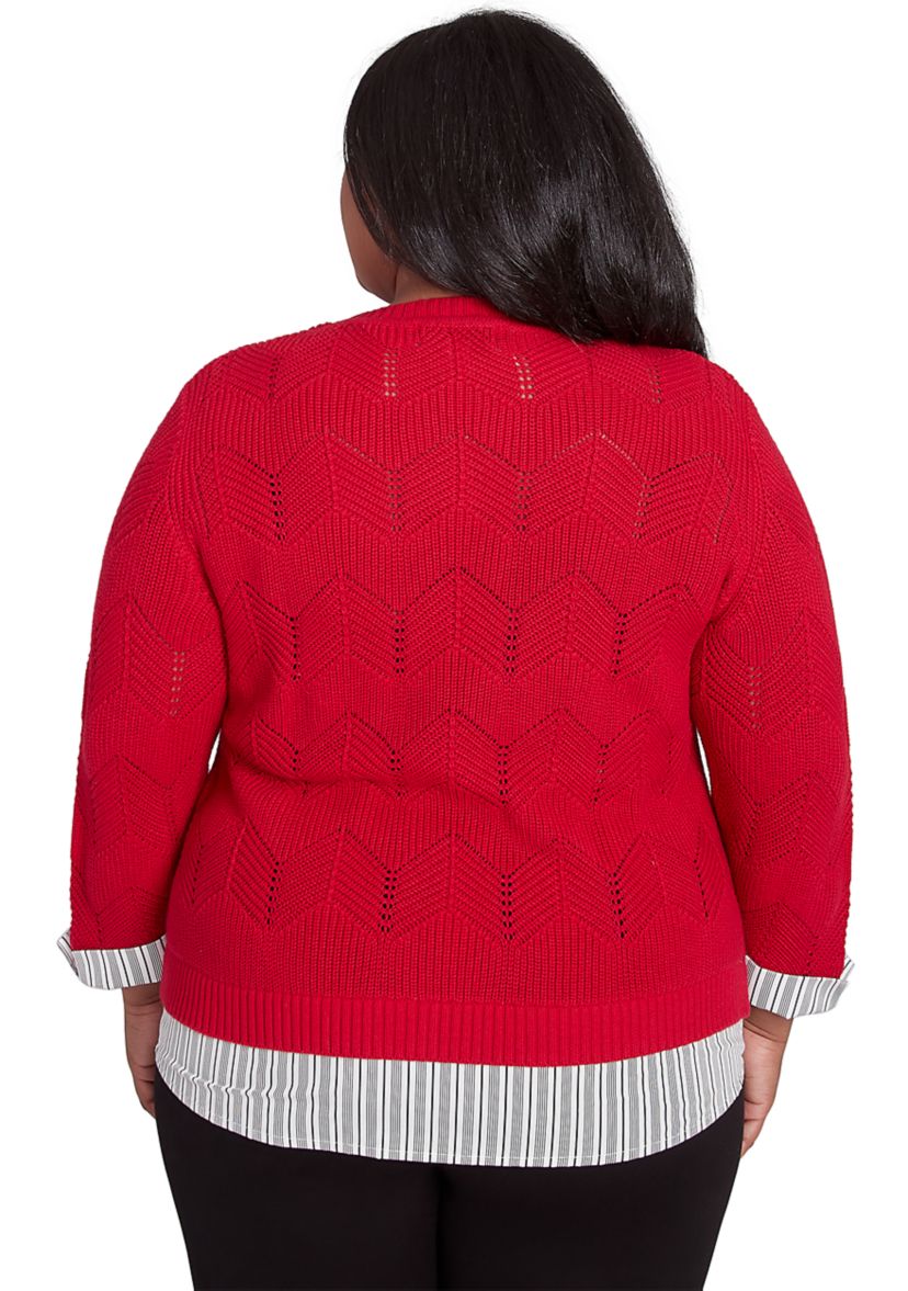 Plus Size Runway Ready Pointelle Chevron Top with Stripe Woven Detail