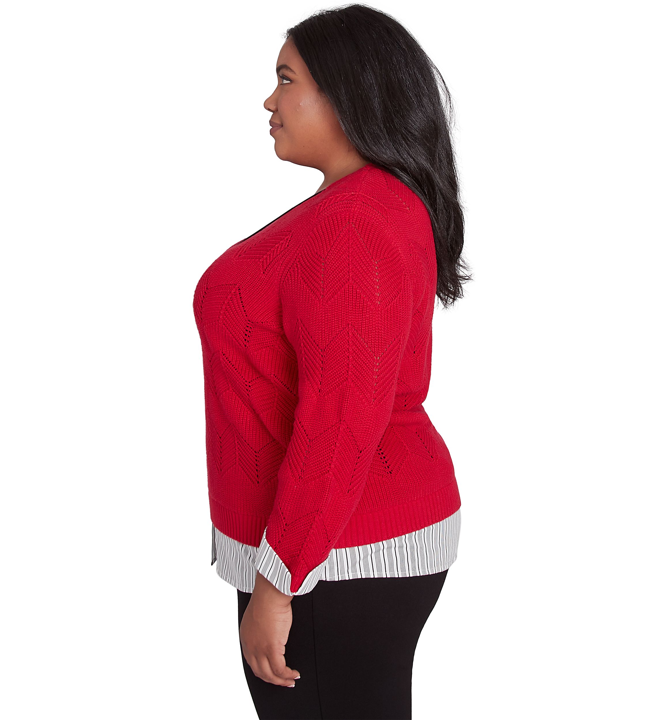 Plus Size Runway Ready Pointelle Chevron Top with Stripe Woven Detail