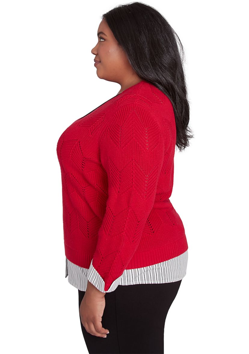 Plus Size Runway Ready Pointelle Chevron Top with Stripe Woven Detail