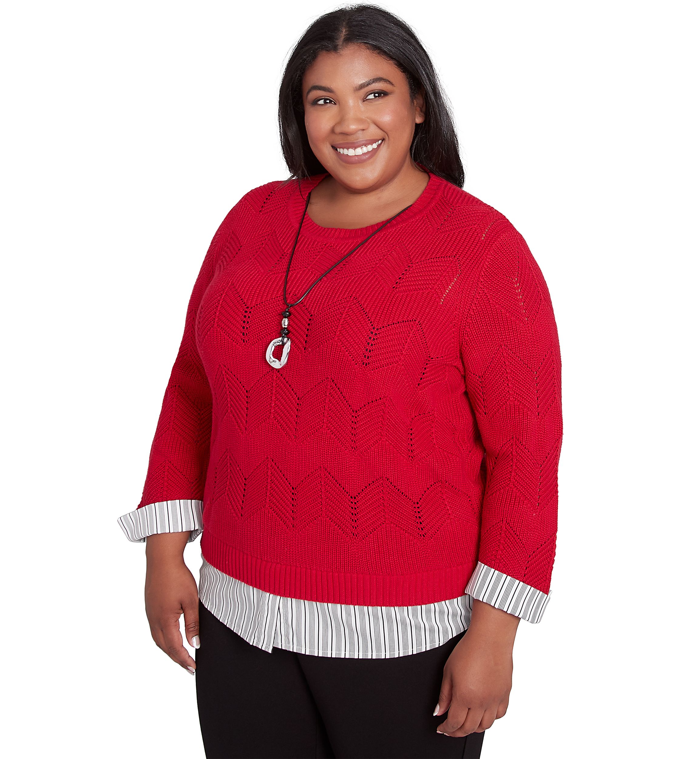 Plus Size Runway Ready Pointelle Chevron Top with Stripe Woven Detail