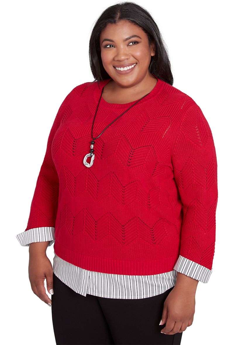 Plus Size Runway Ready Pointelle Chevron Top with Stripe Woven Detail