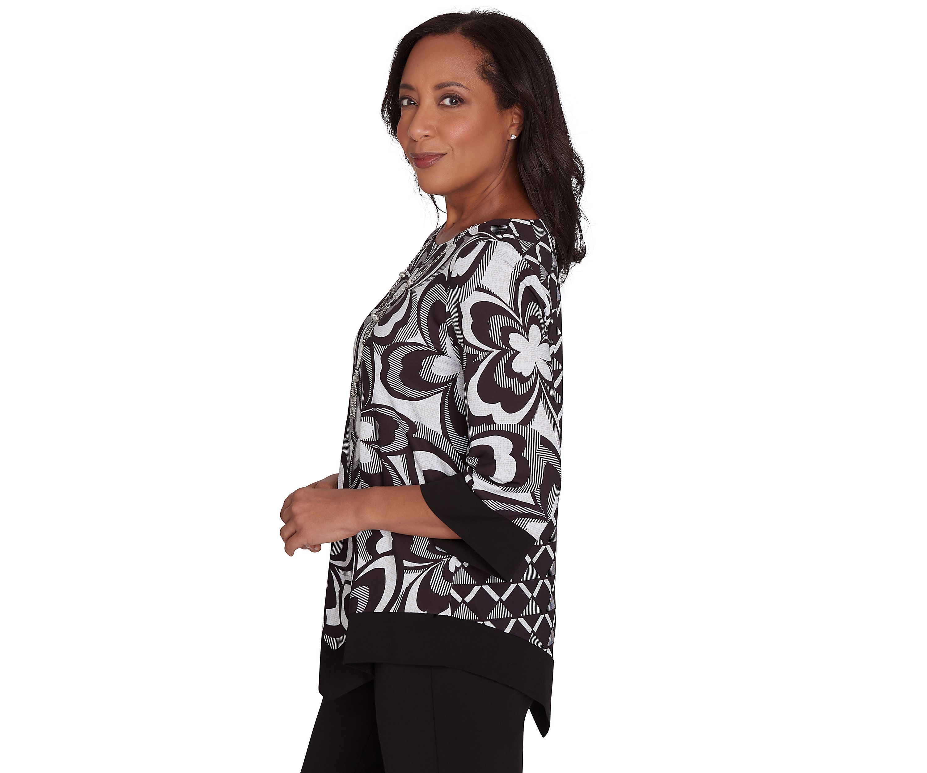 Petite Runway Ready Floral Geometric Top with Contrast Trim