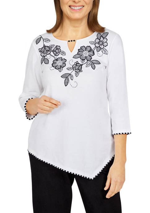 Alfred Dunner Womens Portofino Embroidered Floral Yoke Shirt