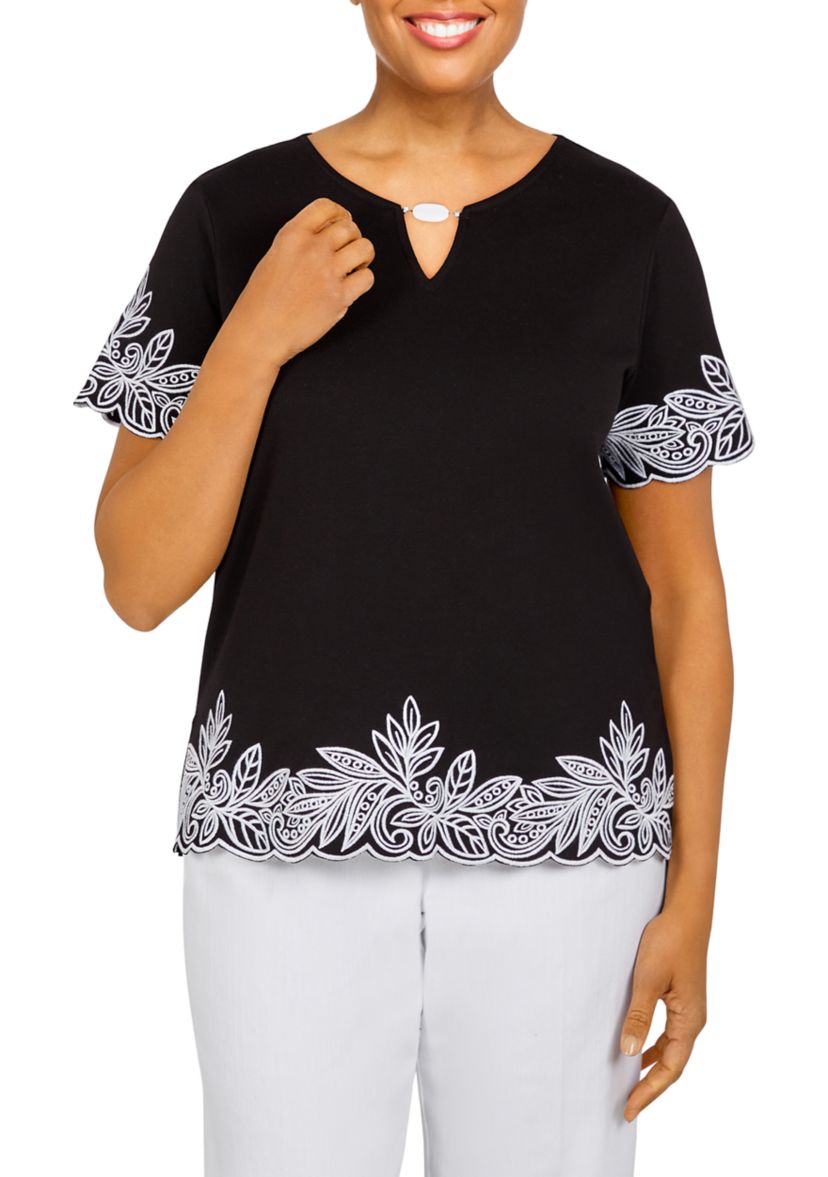 Womens Floral Embroidered Knit Top