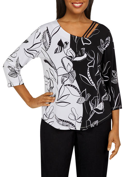 Alfred Dunner Womens Portofino Abstract Floral Print Top