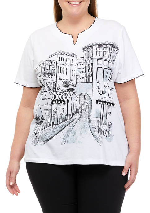 Alfred Dunner Plus Size Short Sleeve Scenic Graphic