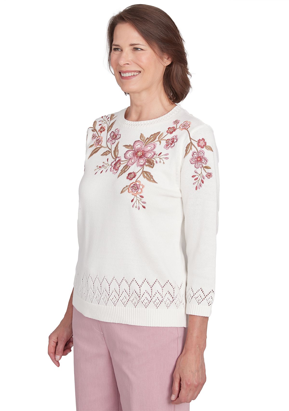 Petite Telluride Pointelle Border Floral Yoke Cotton/Acrylic Top
