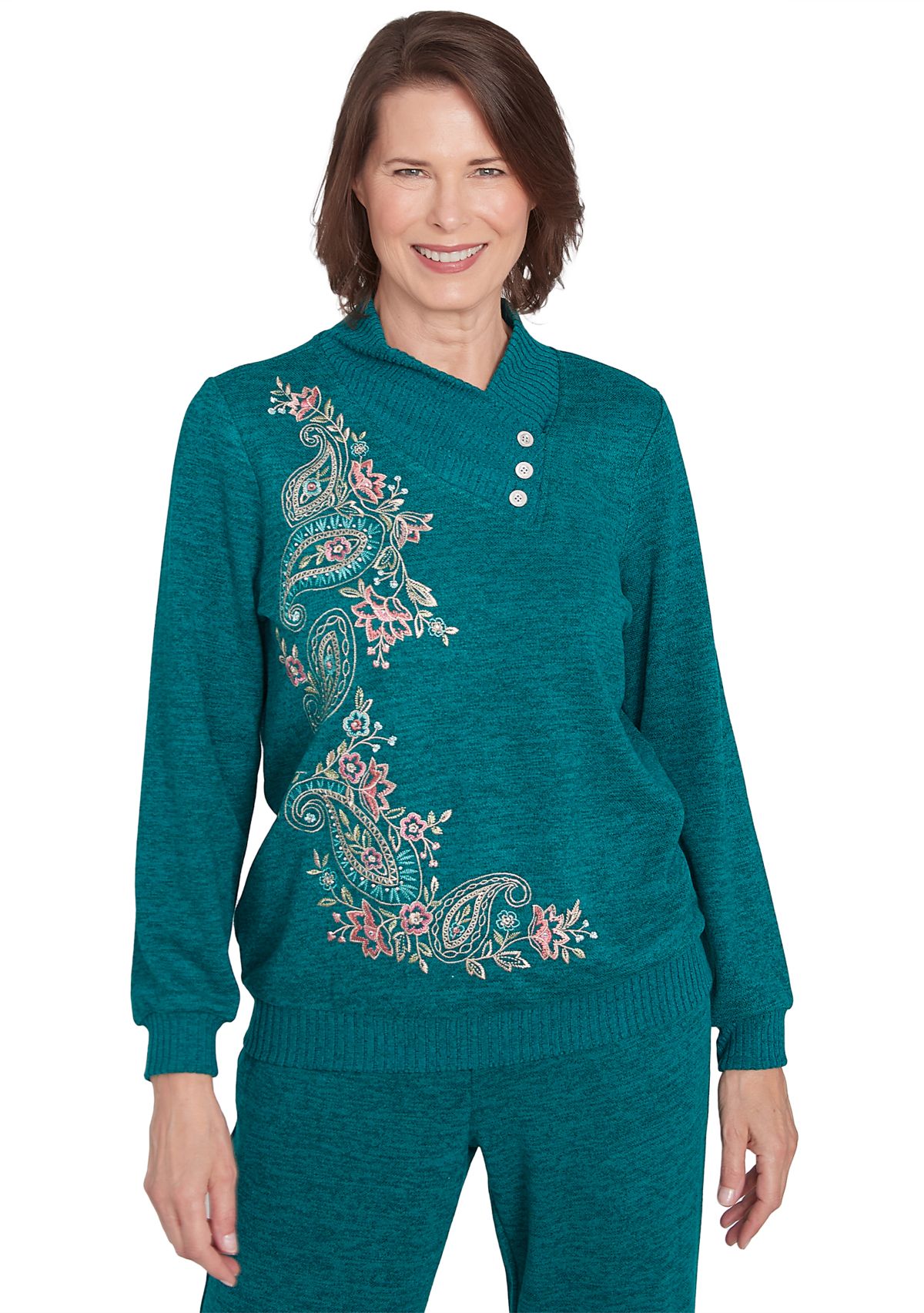 Womens French Quarter Paisley Embroidered Envelope Neck Sweater