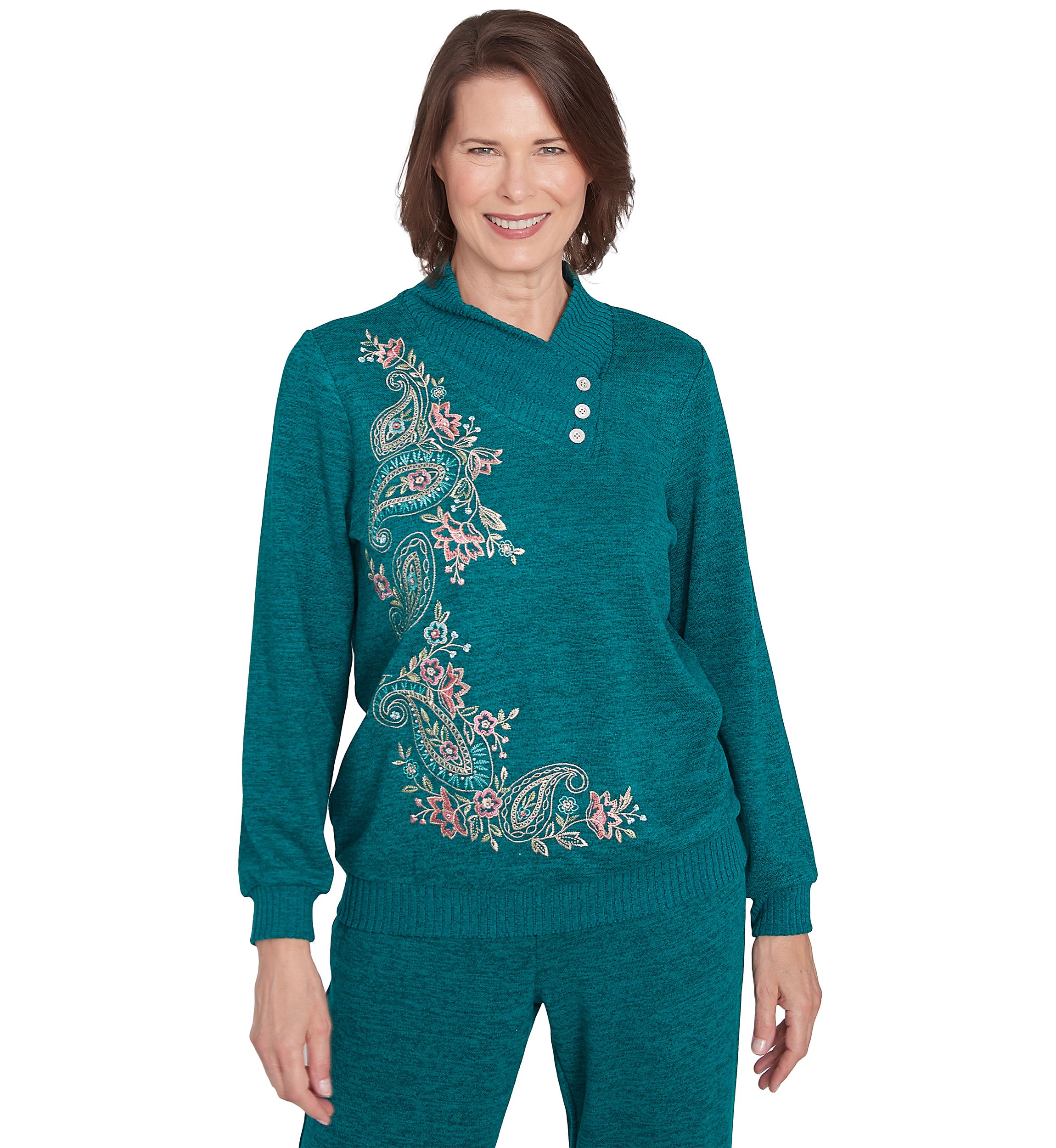 Womens French Quarter Paisley Embroidered Envelope Neck Sweater