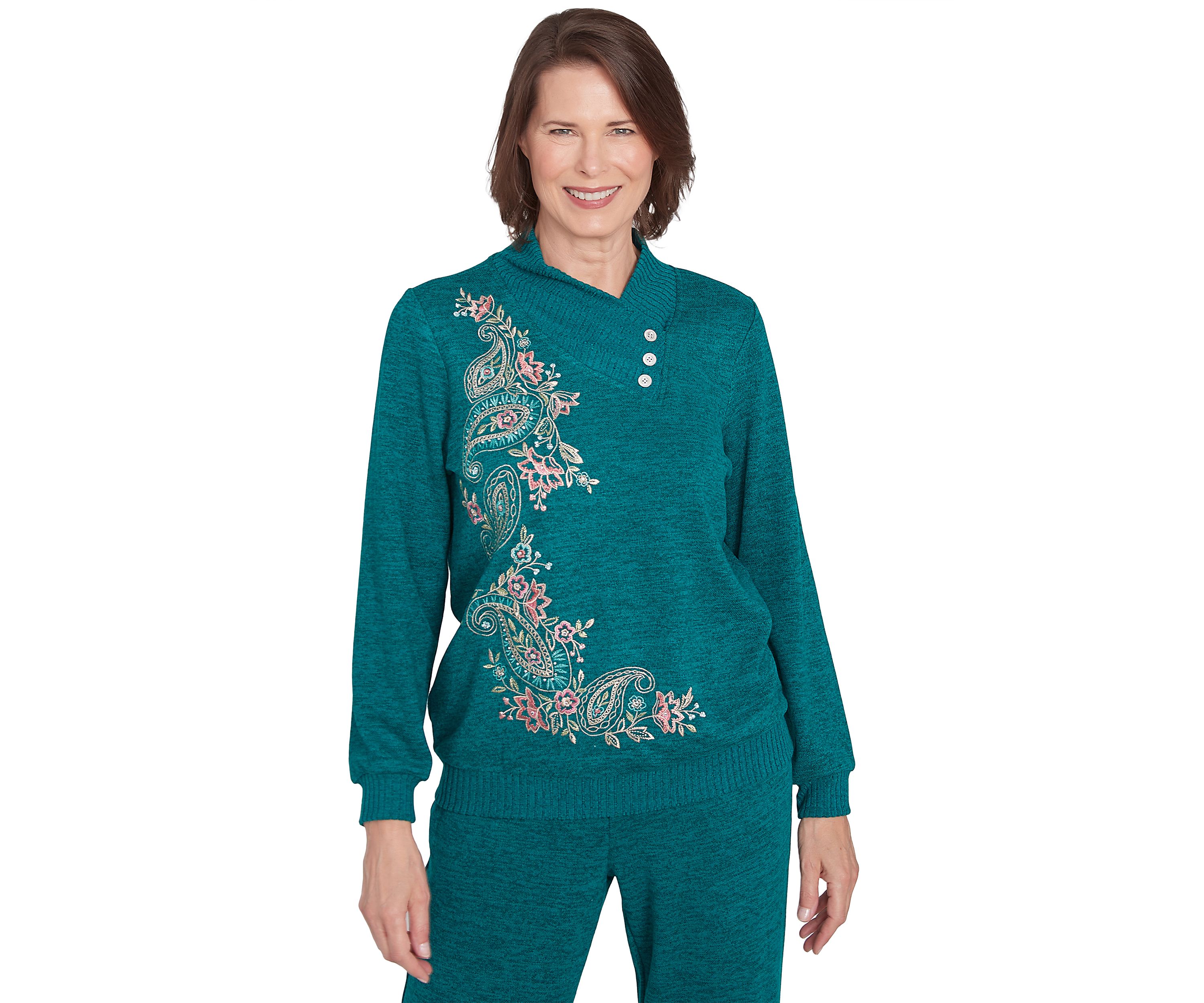 Womens French Quarter Paisley Embroidered Envelope Neck Sweater