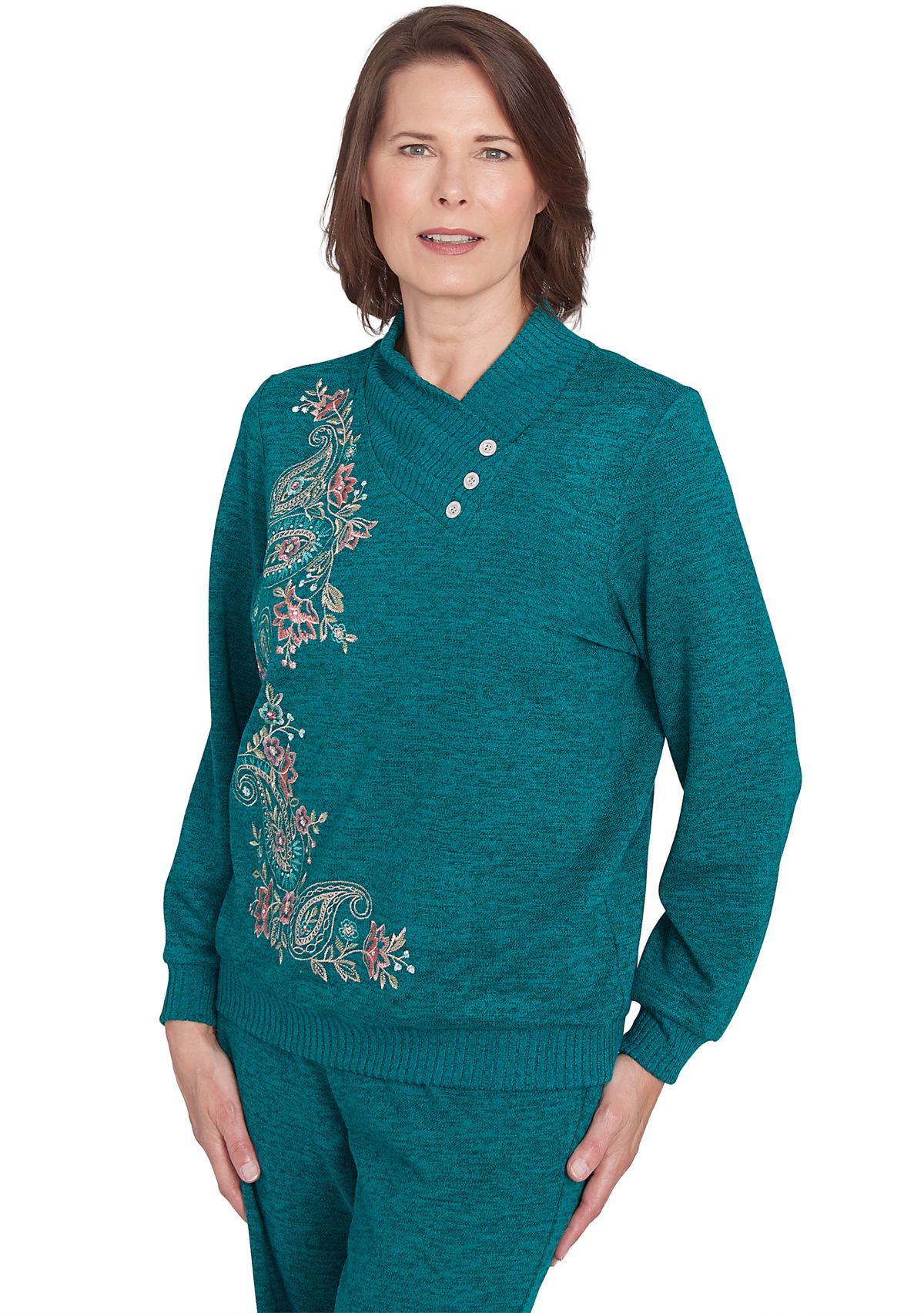 Womens French Quarter Paisley Embroidered Envelope Neck Sweater
