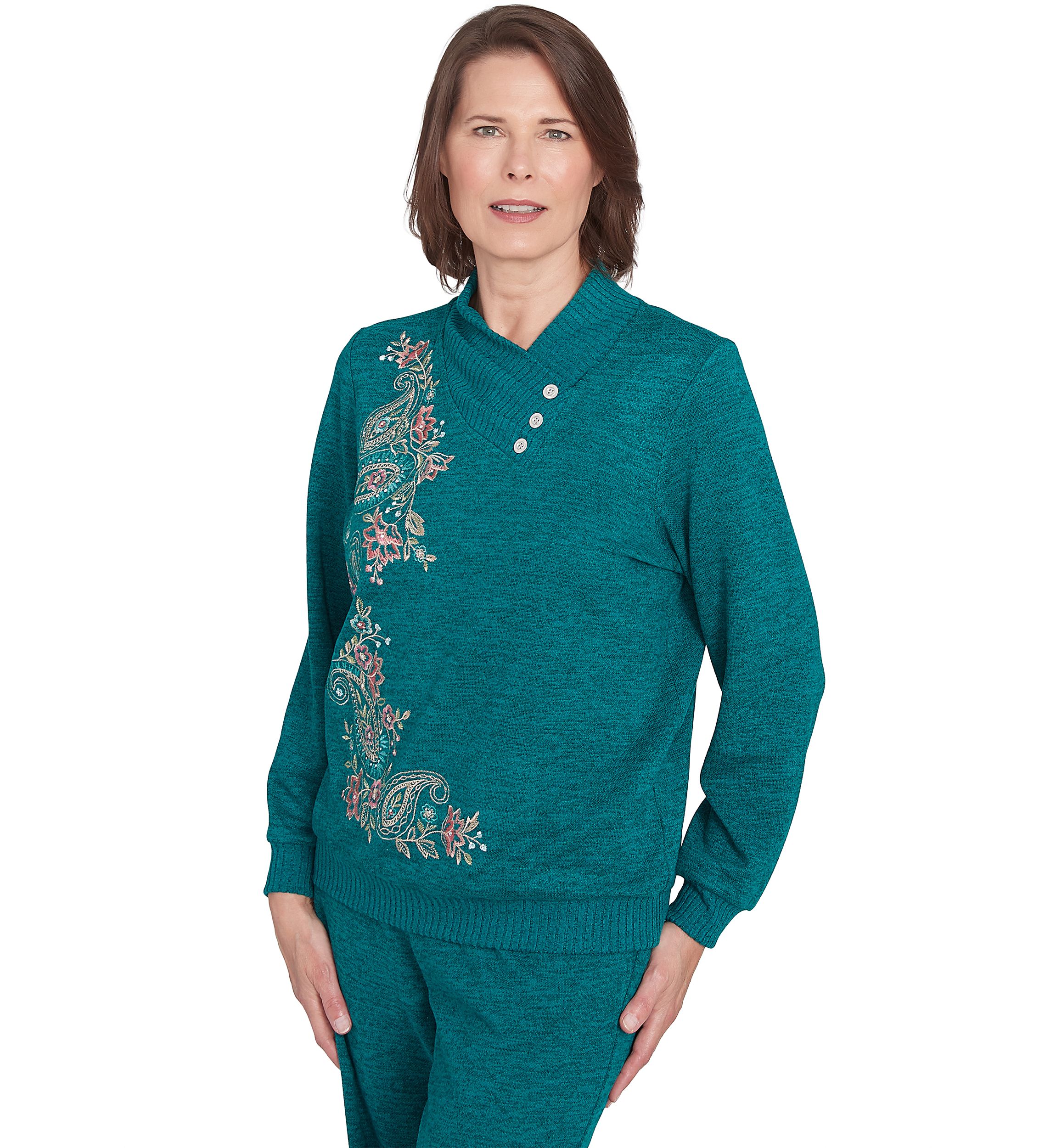 Womens French Quarter Paisley Embroidered Envelope Neck Sweater