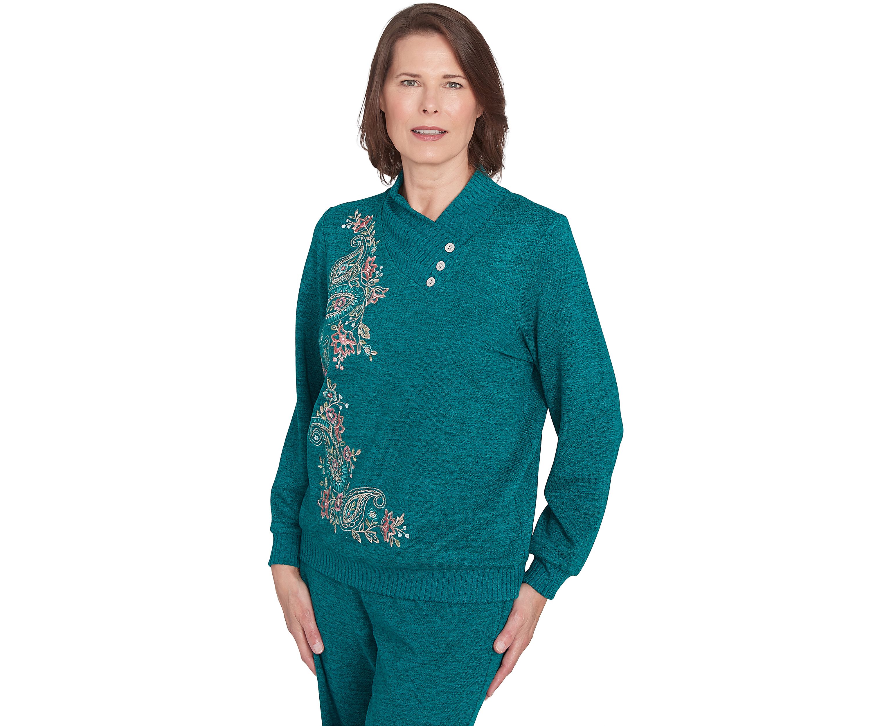 Womens French Quarter Paisley Embroidered Envelope Neck Sweater