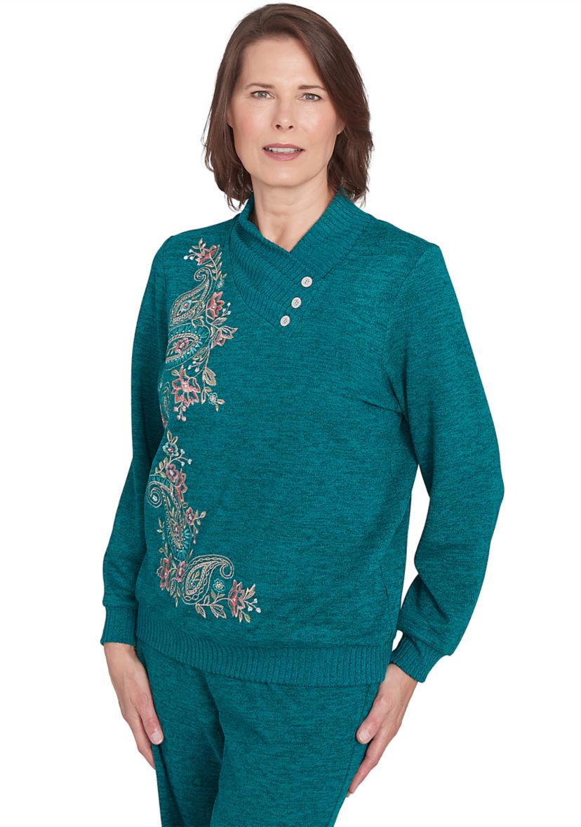 Womens French Quarter Paisley Embroidered Envelope Neck Sweater