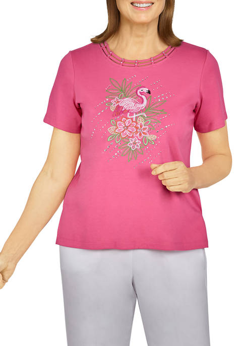 Alfred Dunner Womens Short Sleeve Flamingo Graphic T-Shirt