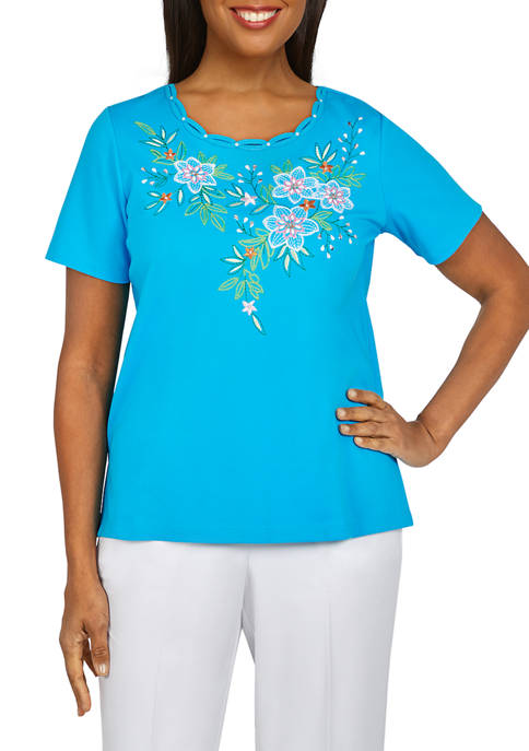 Petite Embroidered Floral Yoke T-Shirt 