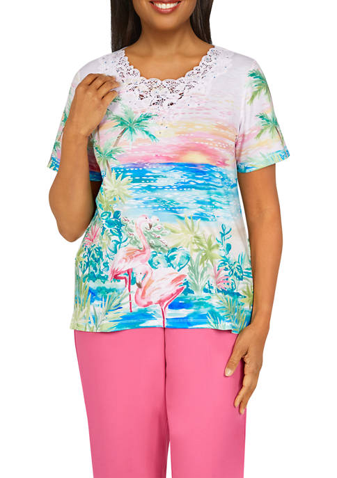 Alfred Dunner Petite Tropical Flamingo Knit T-Shirt