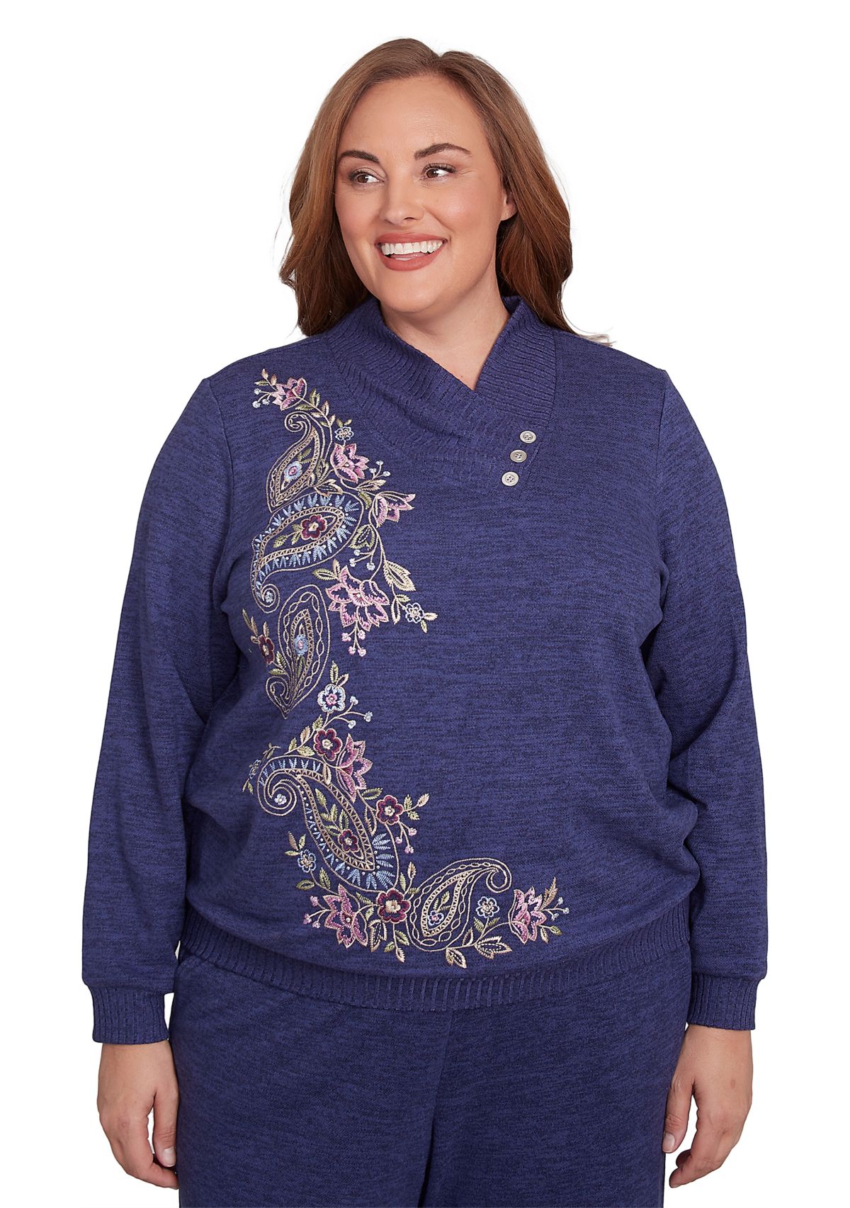 Plus Size French Quarter Paisley Embroidered Envelope Neck Sweater 