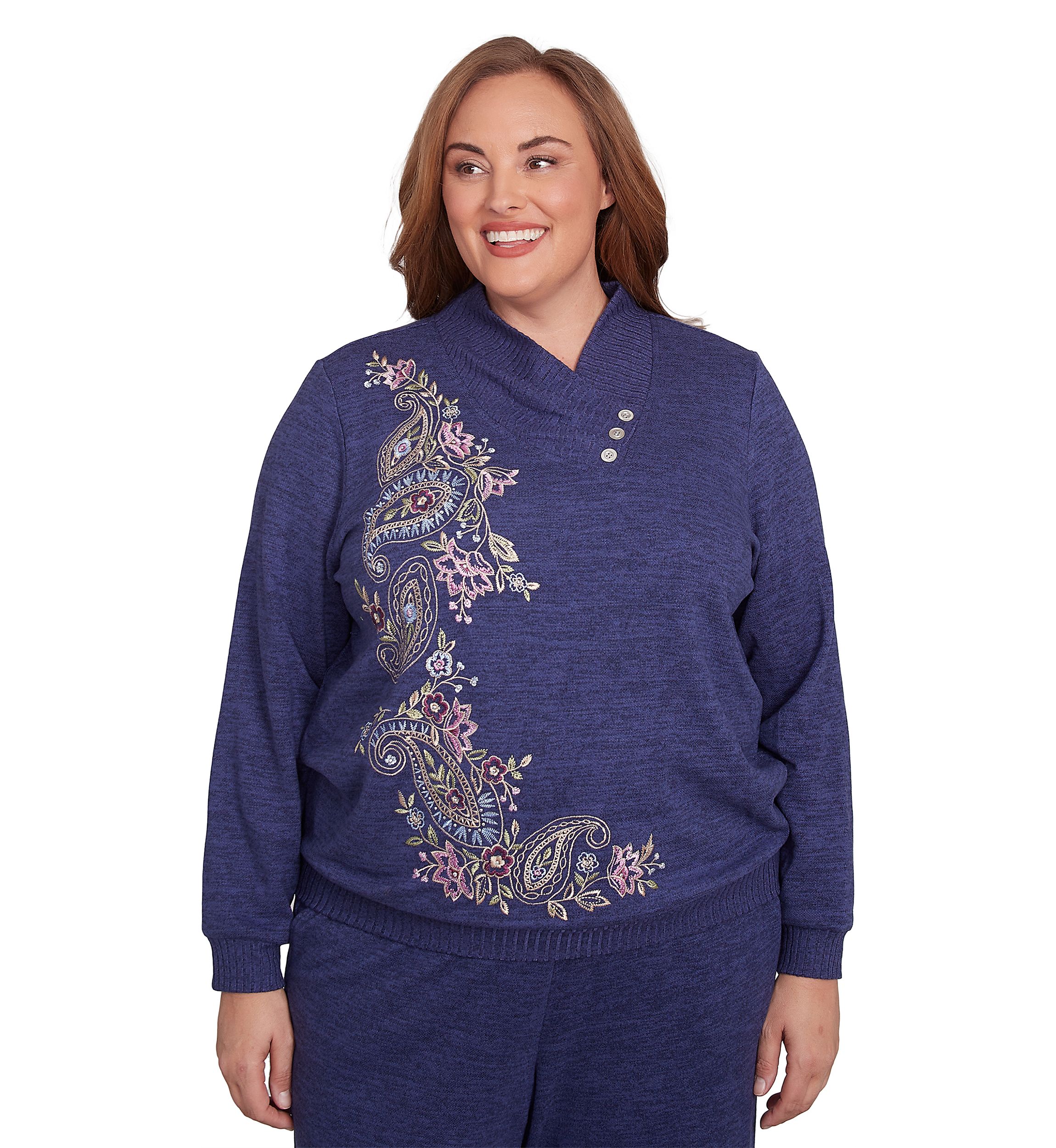 Plus Size French Quarter Paisley Embroidered Envelope Neck Sweater 