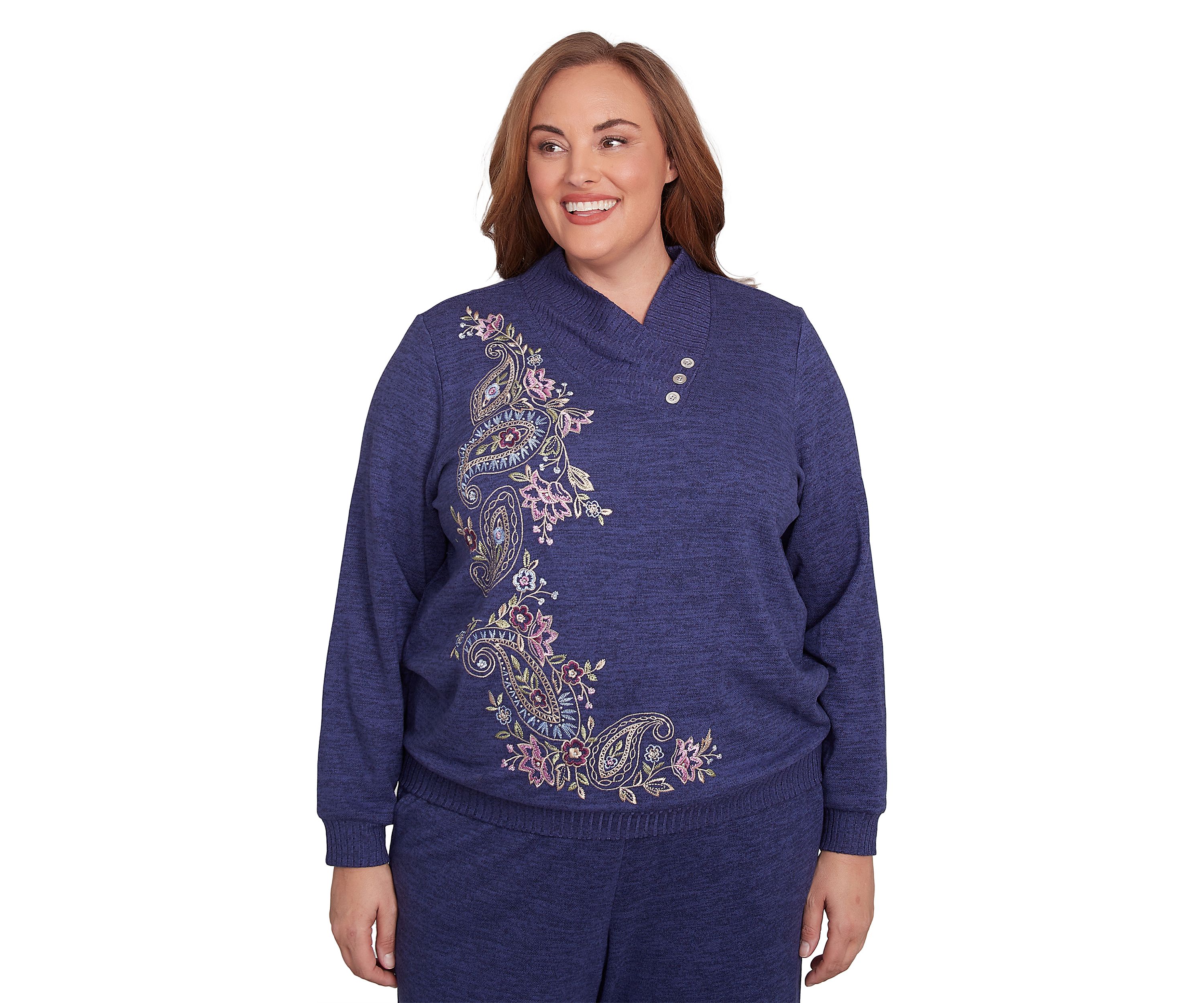 Plus Size French Quarter Paisley Embroidered Envelope Neck Sweater 