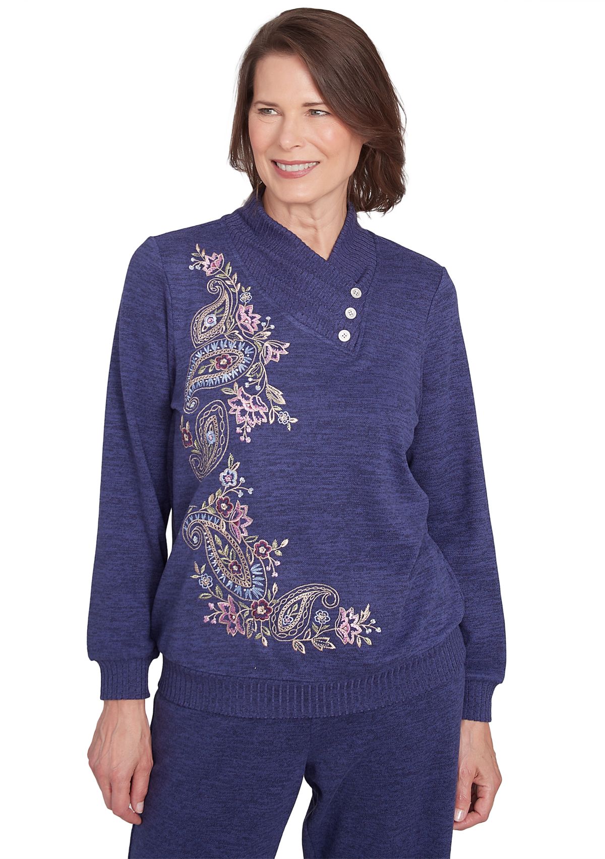 Petite French Quarter Paisley Embroidered Envelope Neck Sweater 