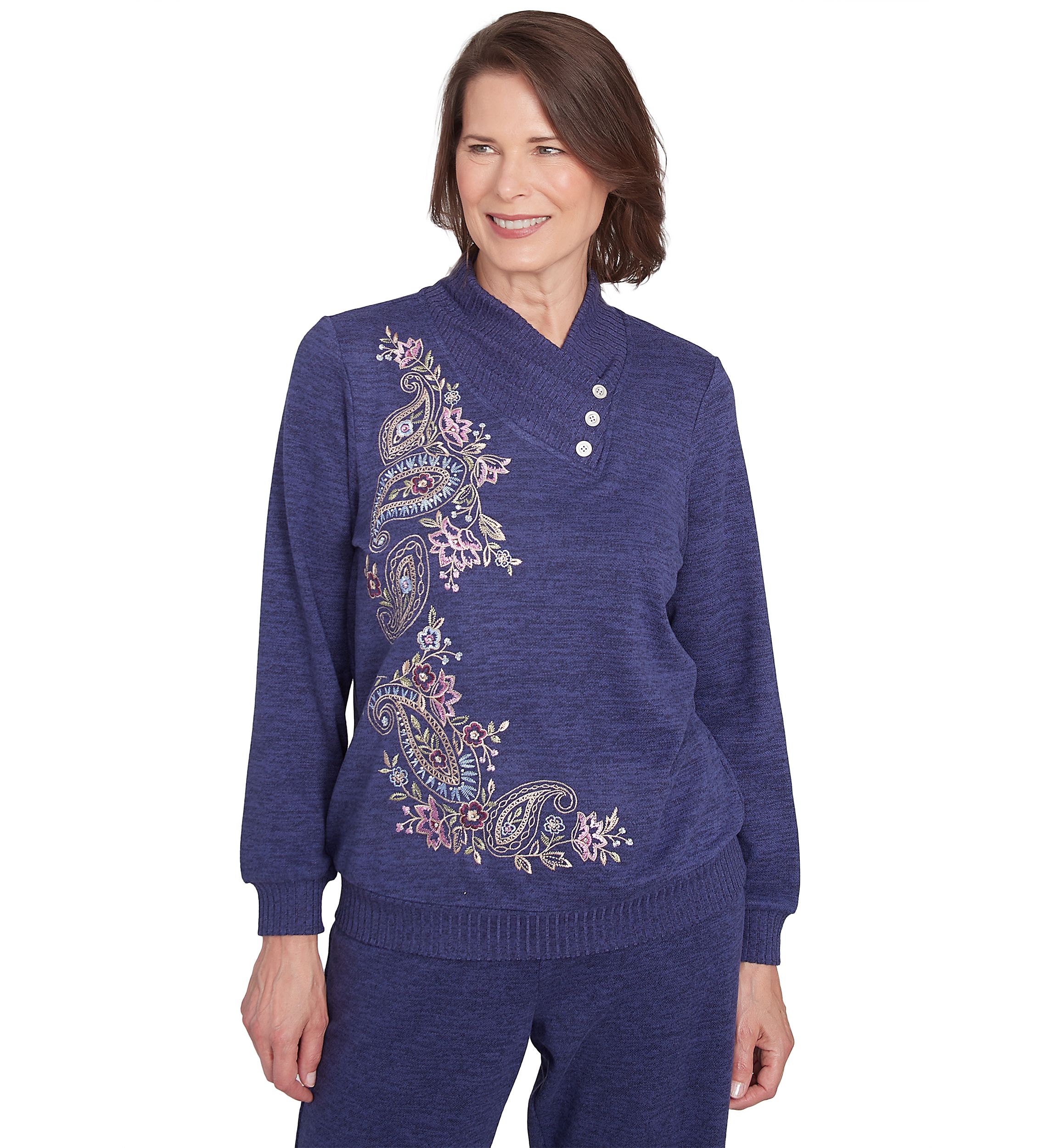 Petite French Quarter Paisley Embroidered Envelope Neck Sweater 