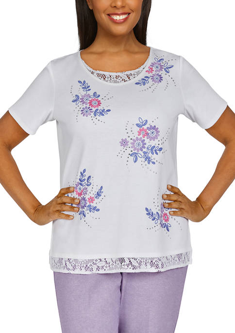 Womens Ann Arbor Lace Trim Embroidered T-Shirt 