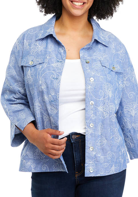 Alfred Dunner Plus Size Embroidered Chambray Jacket