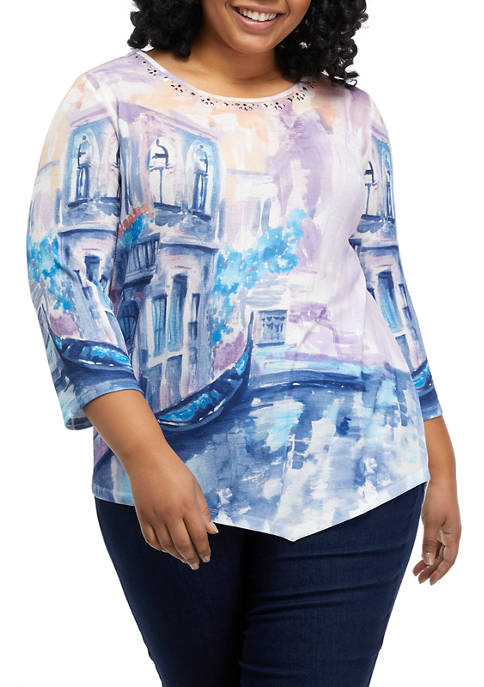 Alfred Dunner Plus Size 3/4 Sleeve Scenic Print