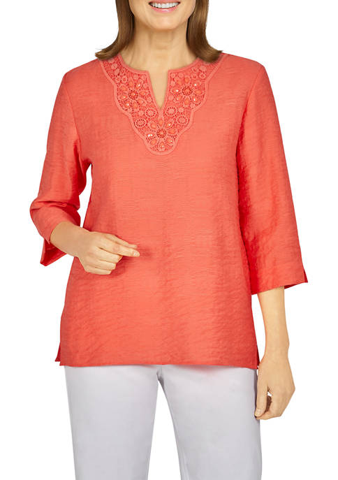 Alfred Dunner Womens Lace Neck Top