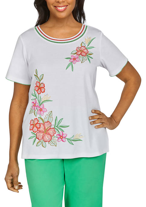 Womens Tiki Time Asymmetric Tropical Floral Knit T-Shirt 