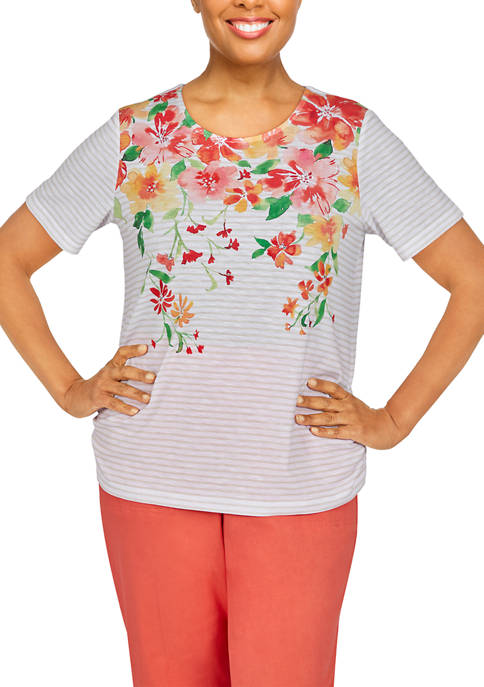 Alfred Dunner Womens Floral Stripe T-Shirt