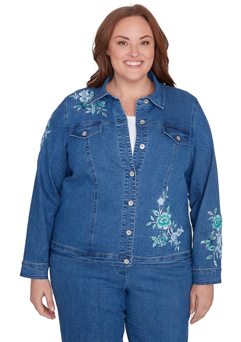 Plus Size Lake Victoria Embroidered Denim Jacket