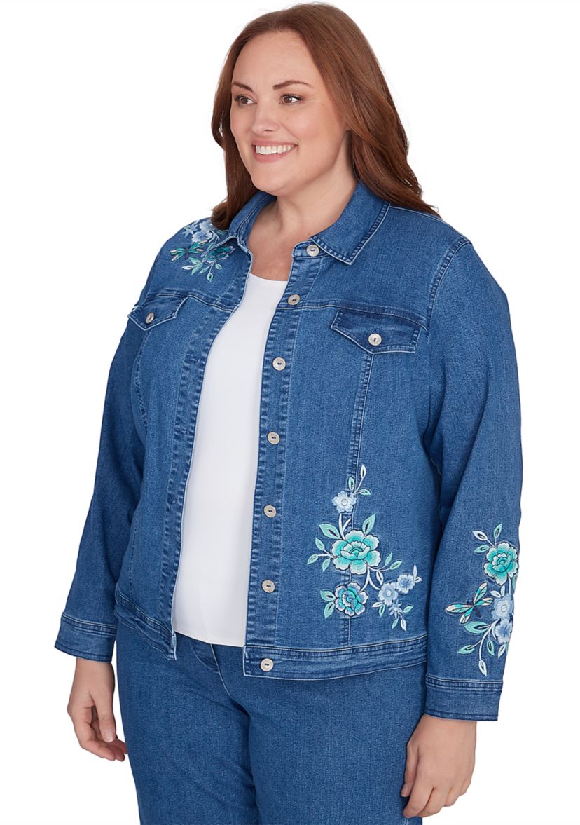 Plus Size Lake Victoria Embroidered Denim Jacket