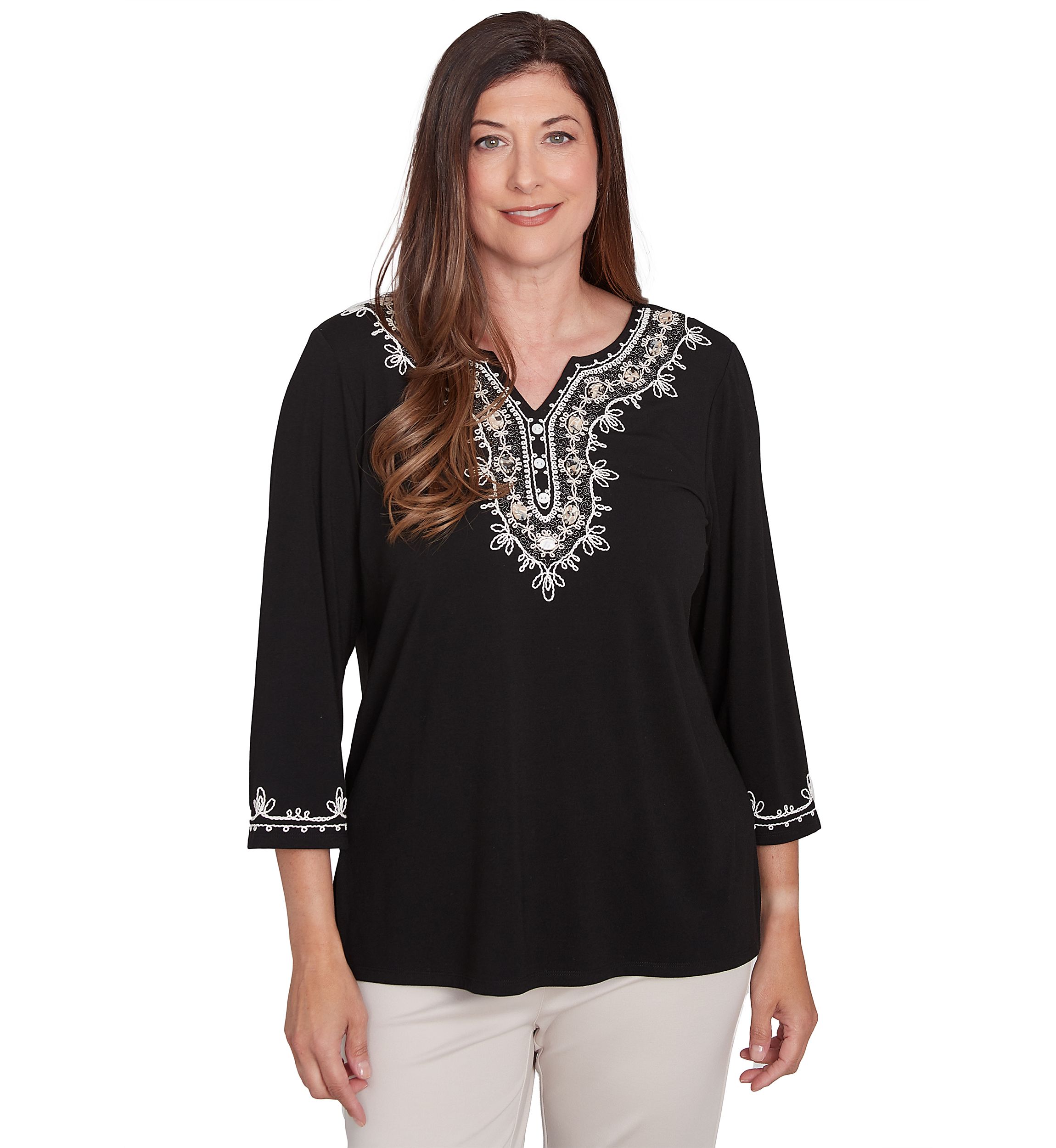 Womens Romancing The Stone Scroll Embroidered Yoke Top