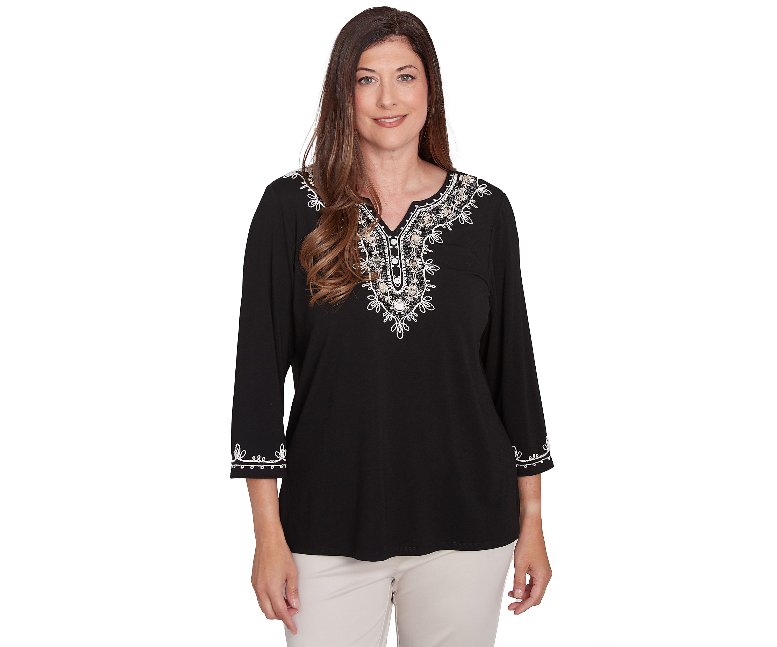 Womens Romancing The Stone Scroll Embroidered Yoke Top