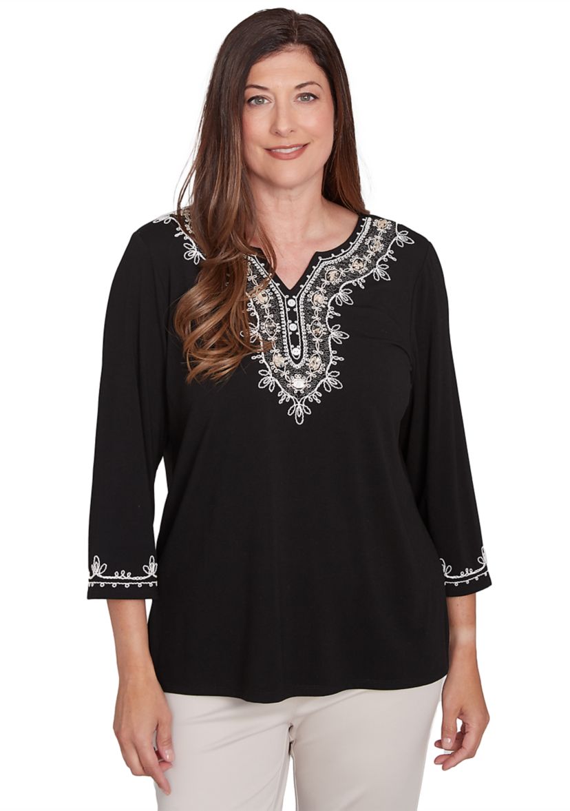 Womens Romancing The Stone Scroll Embroidered Yoke Top