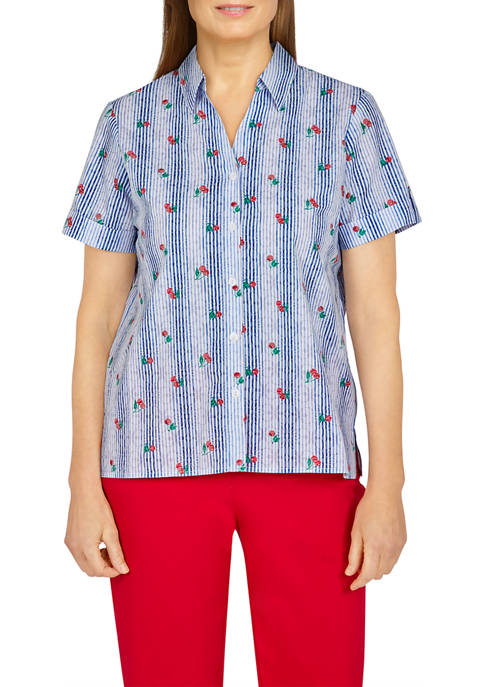 Alfred Dunner Petite Cherry Stripe Burnout Woven Shirt